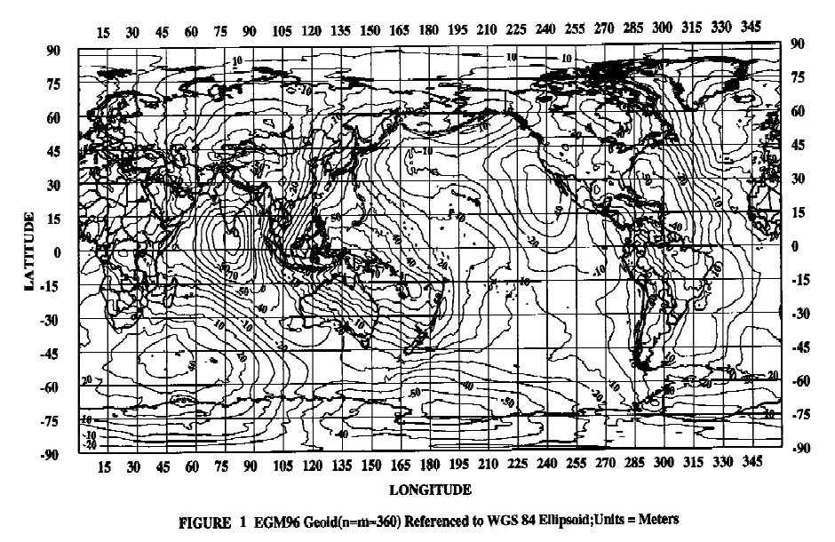 图1 参考到WGS84椭球面的EGM96大地水准面