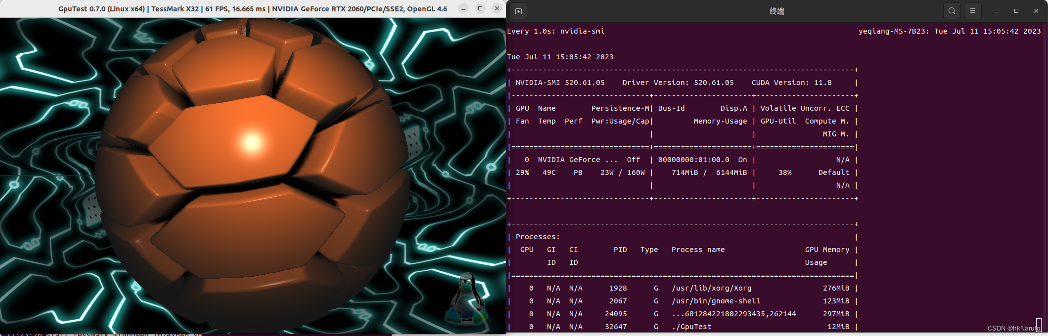 Ubuntu 22.04 LTS RTX 2060 6G 显卡 GPU测试 甜甜圈 geeks3d GpuTest (https://mushiming.com/)  第7张