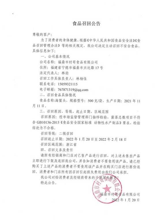 福鼎市村哥食品有限公司生产的海蜇头检测不合格