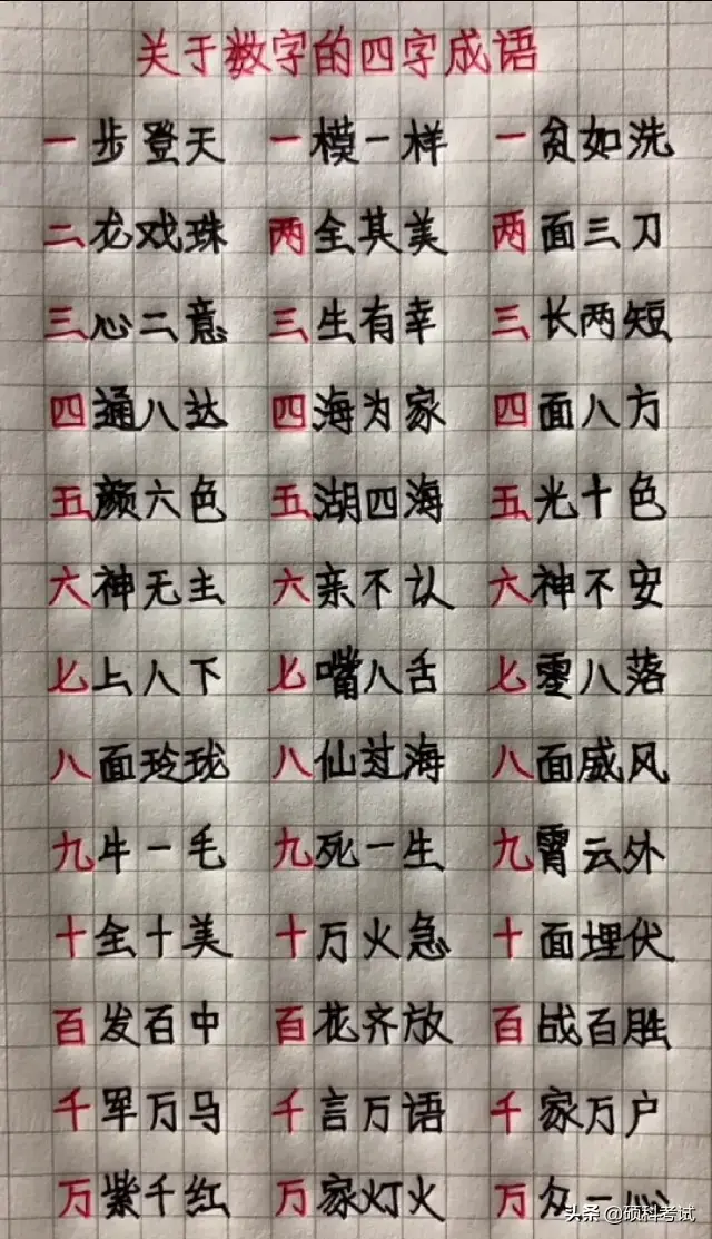 小学语文关于数字的四字成语手抄整理归纳，值得孩子学习，收藏好