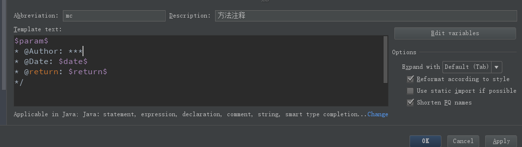 IDEA类和方法注释模板，配置方法注释@param时自动参数的问题，亲自实践总结有效。
